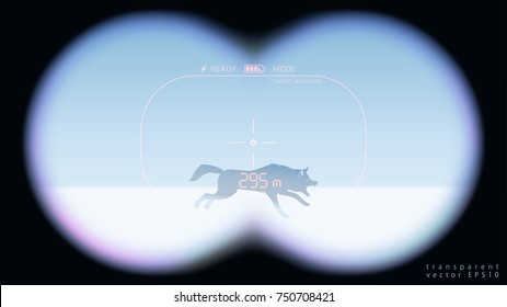 Looking through binoculars. Realistic field of view. Hunting field glasses with a laser rangefinder. Silhouette of the running wolf on the winter field. Vector template with blur and transparency