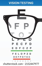 Mirando a través de gafas negras en una gráfica de examen de visión, ilustración vectorial realista.