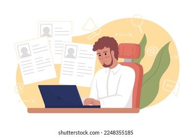 Looking through CVs 2D vector isolated illustration. HR manager reviewing candidate resumes flat character on cartoon background. Colorful editable scene for mobile, website, presentation