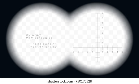 Looking through military binoculars. Vector realistic frame with a blurred edge. Twin transparent lenses. Graduated reticle scale corresponds to actual crosshair of measuring range finder