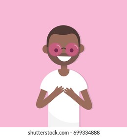 Looking through pink coloured glasses. Conceptual illustration. Young black character wearing pink sunglasses. Flat editable vector illustration, clip art