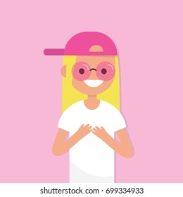Looking through pink coloured glasses. Conceptual illustration. Young female character wearing pink sunglasses. Flat editable vector illustration, clip art