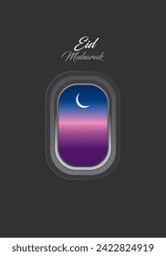 looking through plane window enjoying Beautiful shading Sky View With Moon ramadhan mubarak and Eid Mubarak Concept. islamic background