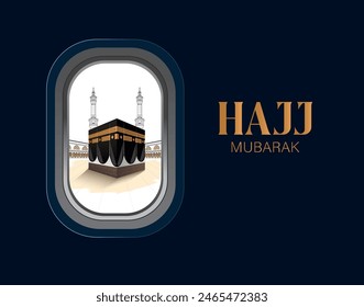 Blick durch das Flugzeugfenster genießen Schöne Kaaba Vektorgrafik Top Blick Banner Design für Hadsch in Saudi-Arabien. Hadsch Mabrour und Eid Mubarak Konzept 