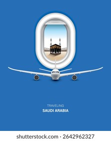 looking through plane window enjoying Beautiful Kaaba vector top view banner design for Hajj in Saudi Arabia.travel and tours illustrations vector background.tourism poster road trip holiday vacation
