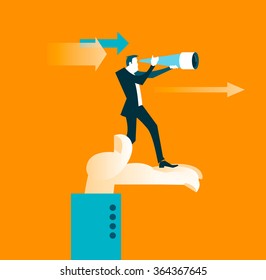 Looking through a telescope standing in the palm. Vector illustration