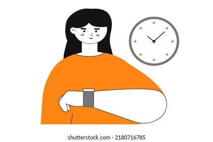 Looking time. Girl look at her watch to check the time. Time control. Vector illustration flat design. Isolated on white background.