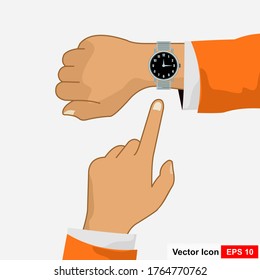 Looking time. Human in a suit watching time. Time control. Vector illustration flat design. Isolated on white background. Luxury elegant businessman with a fashionable watch.