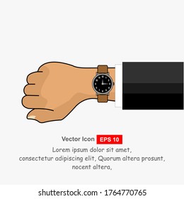 Looking time. Human in a suit watching time. Time control. Vector illustration flat design. Isolated on white background. Luxury elegant businessman with a fashionable watch.