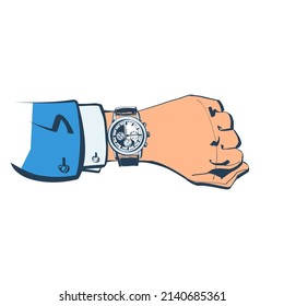 Zeitskizze-Design. Menschen in Anzug beobachten Zeit. Zeitkontrolle. Flaches Vektorgrafik-Design. Einzeln auf weißem Hintergrund. Luxuriöser eleganter Geschäftsmann mit modischer Armbanduhr.