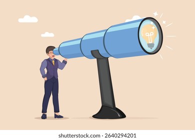 Looking Towards Innovation: A Businessperson Using a Large Telescope to Focus on a Bright Lightbulb Idea in the Distance, Symbolizing Vision, Future Planning, and the Search for Opportunities.