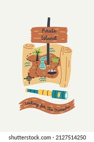 Looking For The Treasure Lettering. Paper Map Pirate Treasure Spyglass Island. Doodle Illustration With Wooden Text Plaque. Hand Drawn Nursery Baby Scandinavian Style, Kids T Shirt Postcard Design  