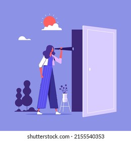 Looking In Unknown Future Concept, Businesswoman With Telescope In Her Hands Looks Through Open Door, Search For Life Path And Journey Into Subconscious