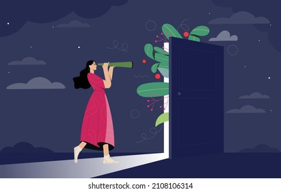 Looking in unknown future concept. Curious woman with telescope in her hands looks through open door. Search for life path and journey into subconscious. Cartoon modern flat vector illustration