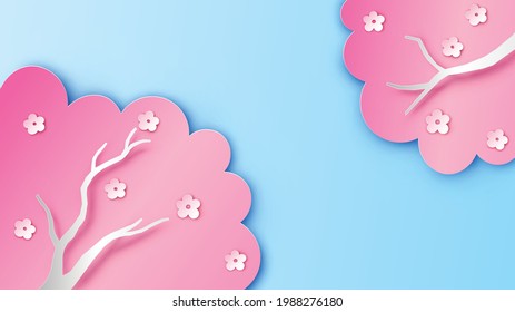 Looking up view from under trees in Spring forest. Spring nature and blank space. paper cut and craft style. vector, illustration.