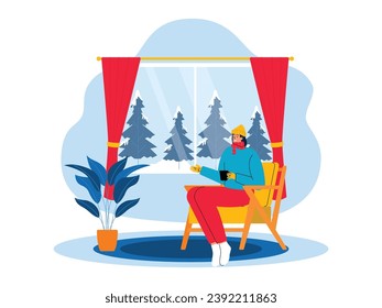 Looking at the winter view from the window of the house, woman sitting while carrying a cup of warm drink, vector illustration.