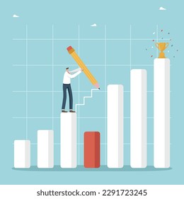 Looking for workarounds and methods to maintain business profitability during economic recession or crisis, back-up strategy or plan to improve wealth, a man draws a ladder on a chart with a pencil.