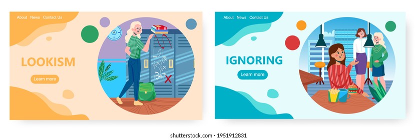 Lookism and ignoring landing page design, website banner vector template set. Appearance discrimination, prejudice.