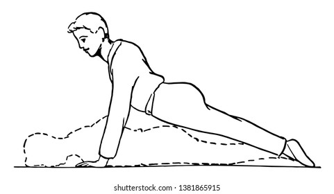 It looks like a boy is doing push-ups. This is a way of exercise, vintage line drawing or engraving illustration.