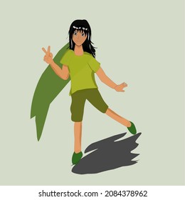 looks like a girl character is posing cheerfully wearing a green shirt
