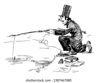 It looks like a man sitting on side of river & trying to catch fishes. There are some books also available on his side, vintage line drawing or engraving illustration.