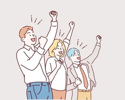 Looks Like Win. Team Workers Smiling And Raising Hands Up. Hand Drawn Style Vector Design Illustrations.