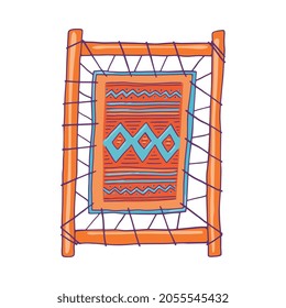 Loom frame icon with woven fabric or carpet, sketch cartoon vector illustration isolated on white background. Symbol of traditional weaving technology.