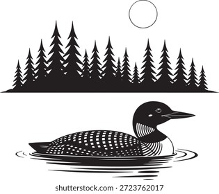 Loon nada em águas calmas sob a luz de uma lua cheia cercada por árvores verdes silhuetadas, criando uma atmosfera serena e pacífica nesta simples ilustração em preto e branco.