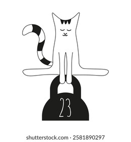 Looney cat athlete. Whimsical Cat push-ups on kettlebell. Funny sport template design isolated transparent background. Vector illustration. EPS 10