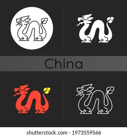 Loong dragon dark theme icon. Ancient Chinese traditions. Mythological creature. Lunar New Year festival. Feng shui. Linear white, simple glyph and RGB color styles. Isolated vector illustrations
