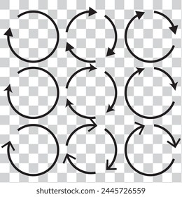 loop arrow arrow. Refresh Flat Vector Icon. Set of circle arrows rotating on white background. Refresh, reload, recycle, loop rotation sign collection.curved vector line icons set on rounded colorful.