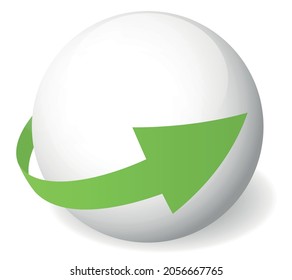 Loop circle arrow icon around sphere. Abstract symbol. Simple 3D vector sign with dropped shadow.