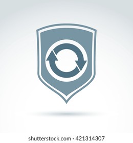 Loop icon, reload symbol placed on gray security shield. Rotating arrows.