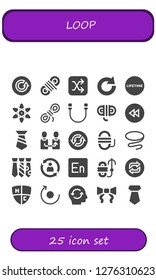  loop icon set. 25 filled loop icons. Simple modern icons about  - Refresh, Rope, Shuffle, Redo, Lifetime, Atomic, Rewind, Tie, Change, Loop, Rotate, Encore, Emblem