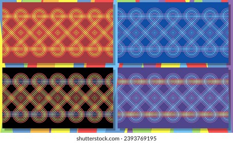 Loop lines overlap square center and straight lines through the loops, border Set of seamless pattern. Vector collection.