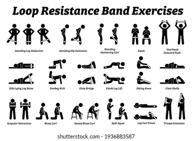 Loop resistance mini band exercises and stretch workout techniques in step by step. Vector illustrations of stretching exercises poses, postures, and methods with loop resistance band. 