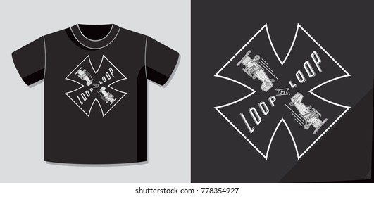 Loop the Loop Retro Style Inverted Logo Lettering and Vintage Aircraft in Cross Frame with Application Example on T-Shirt Vector Template - White on Black Background - Flat Contrast Graphic Design