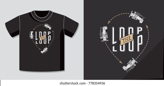 Loop the Loop Retro Style Inverted Logo Lettering and Vintage Aircraft Making Aerobatics with Application Example on T-Shirt Vector Template - White on Black Background - Flat Contrast Graphic Design