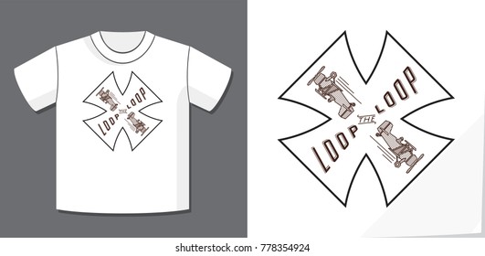 Loop the Loop Retro Style Logo Lettering and Vintage Aircraft in Iron Cross Frame with Application Example on T-Shirt Vector Template - Black on White Background - Flat Contrast Graphic Design