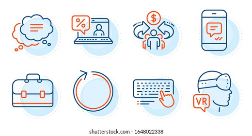 Loop, Text message and Sharing economy signs. Computer keyboard, Augmented reality and Portfolio line icons set. Message, Online loan symbols. Pc device, Virtual reality. Technology set. Vector