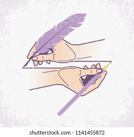 Loop Of Times. Two human hands, drawing itselfs. Vector illustration on the subject of 'Professions'.
