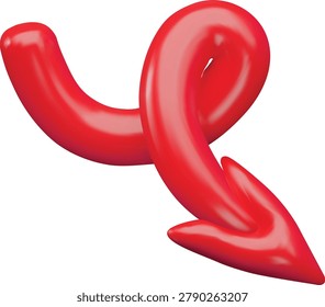 A looped, 3D, red glossy devil tail or pointer arrow. Halloween, fantasy character, demonic costume accessory. Gothic, religious, gaming theme. Vector. Cartoon plastic style. Icon. Render.