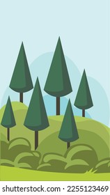 Looped cartoon tree garden with beautiful green ground and cute little bushes in the blue purple sky animation.

