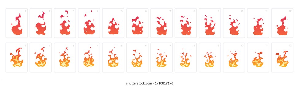 Gedeckte Feueranimation. Sprites-Blatt. Vektorillustration im Flachstil. Flammen, Feuer, Taschenlampe, Lagerfeuer. Cute Cartoon Design. Orange und gelbe Farben. Realistische Vorlage.