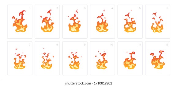 Looped fire animation. Sprites sheet. Flat style vector illustration. Flame, fire, torch, campfire. Cute cartoon design. Orange and yellow colors. Realistic template.