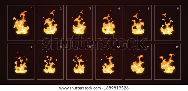 ループ火のアニメーション スプライトシート フラットスタイルのベクターイラスト 炎 火 松明 焚き火 かわいい漫画デザイン オレンジと黄色 リアルなテンプレート のベクター画像素材 ロイヤリティフリー