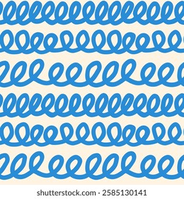 Looped lines vector seamless pattern. Modern abstract background with bold blue doodle loops. Simple hand drawn continuous horizontal scribble waves on light backdrop for textile, media, packaging