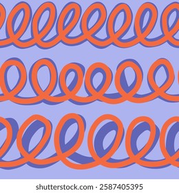 Looped lines vector seamless pattern. Modern abstract repeat background tile with bold orange and purple doodle loops. Simple hand drawn continuous horizontal scribble waves on lavender backdrop