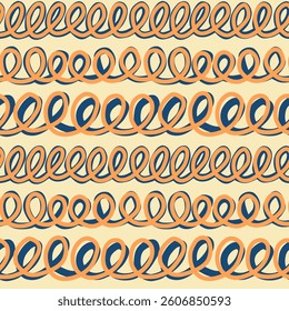 Looped lines vector seamless pattern. Modern abstract repeat background tile with bold orange and dark blue doodle loops. Simple hand drawn continuous horizontal scribble waves on yellow backdrop