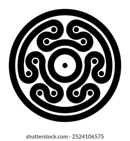 Looped ribbon motif in Minoan style of Ancient Greece. A multiple curved band with black dots surrounded by a bold border. Found on Mycenaean gold ornament, engraved on gold discs from about 1350 BC.